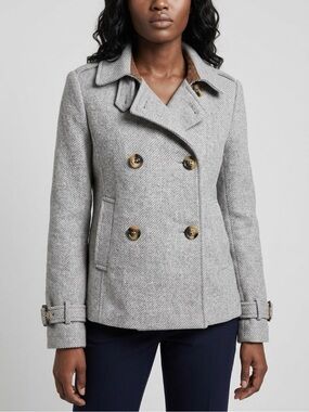 Anne Taylor LOFT Light Gray Textured Double-Breasted Pea Coat